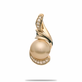 Soft Texture Rich Color South Sea Gold Pearl Pendant in Gold with Diamonds - 12-13mm