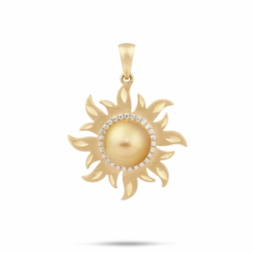 Vibrant Design Handcrafted Art South Sea Gold Pearl Sun Pendant in Gold with Diamonds