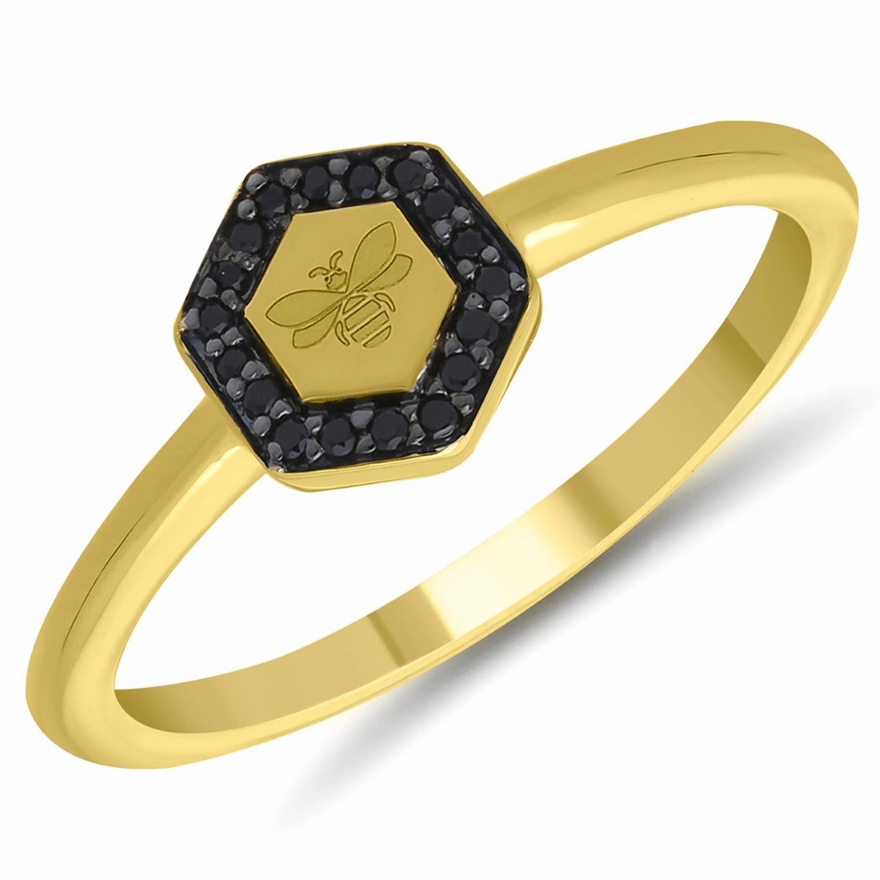 10K Yellow Gold 0.05cttw Black Diamond Honeycomb Fashion Ring with Bee in center Designer Craft
