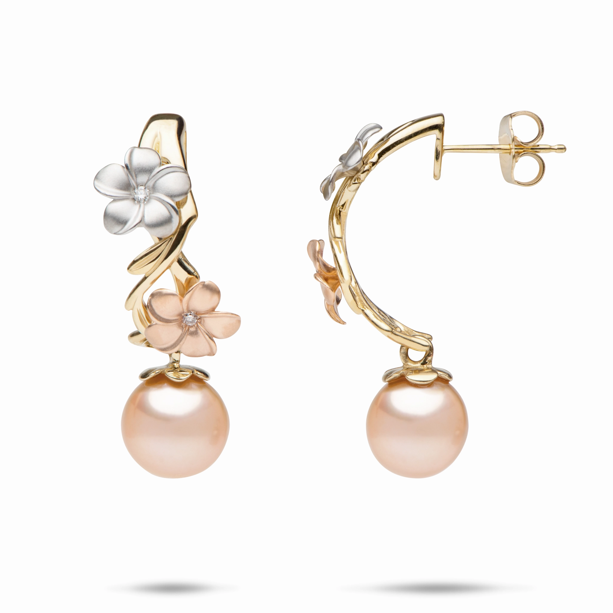 Pearls in Bloom Plumeria Peach Freshwater Pearl Earrings in Tri Color Gold with Diamonds- 20mm Graceful Vibe Flat Frame