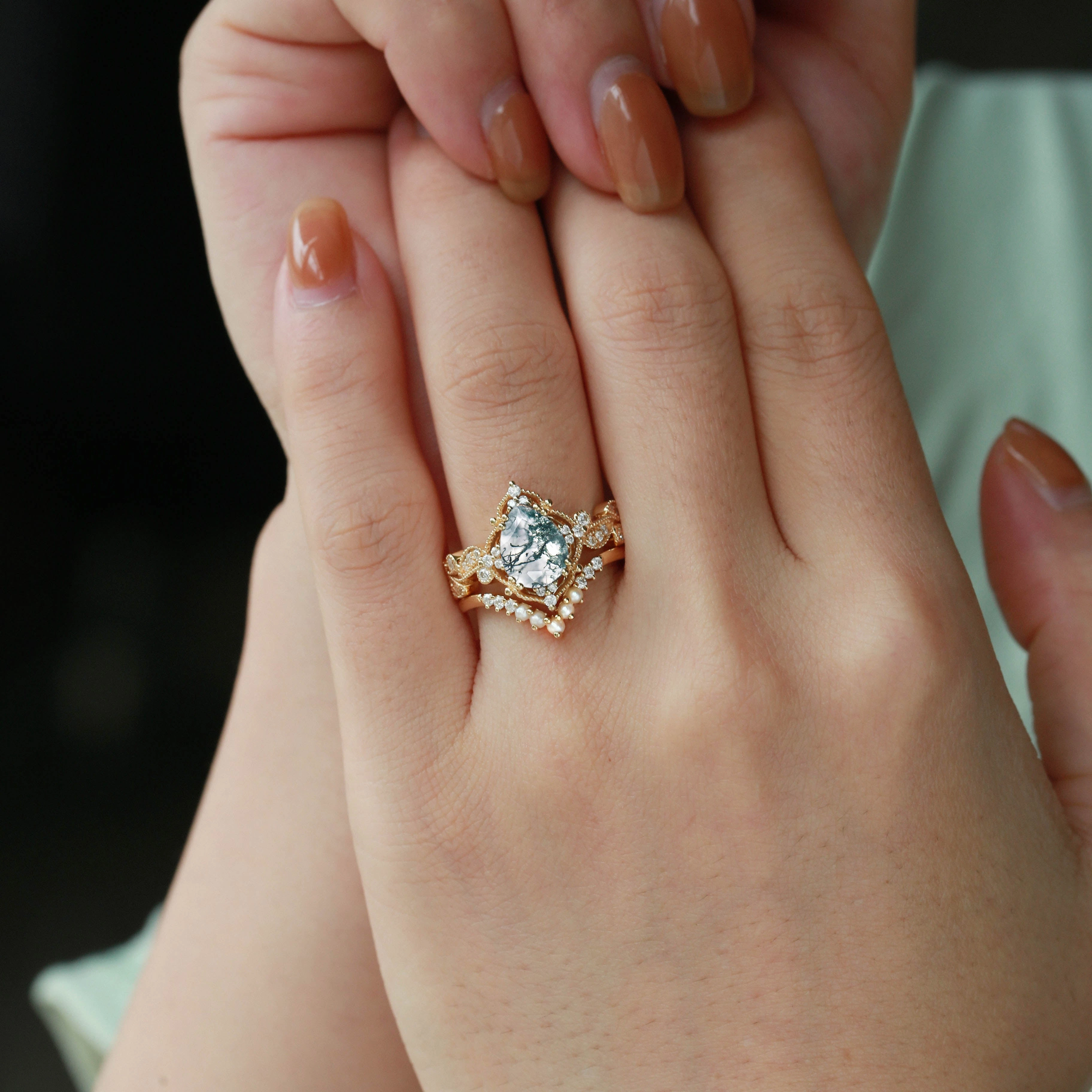 Black Gold Pear Shaped Moss Agate & Pearl Engagement Ring Set 2pcs - Harper Team Spirit Creative Mark