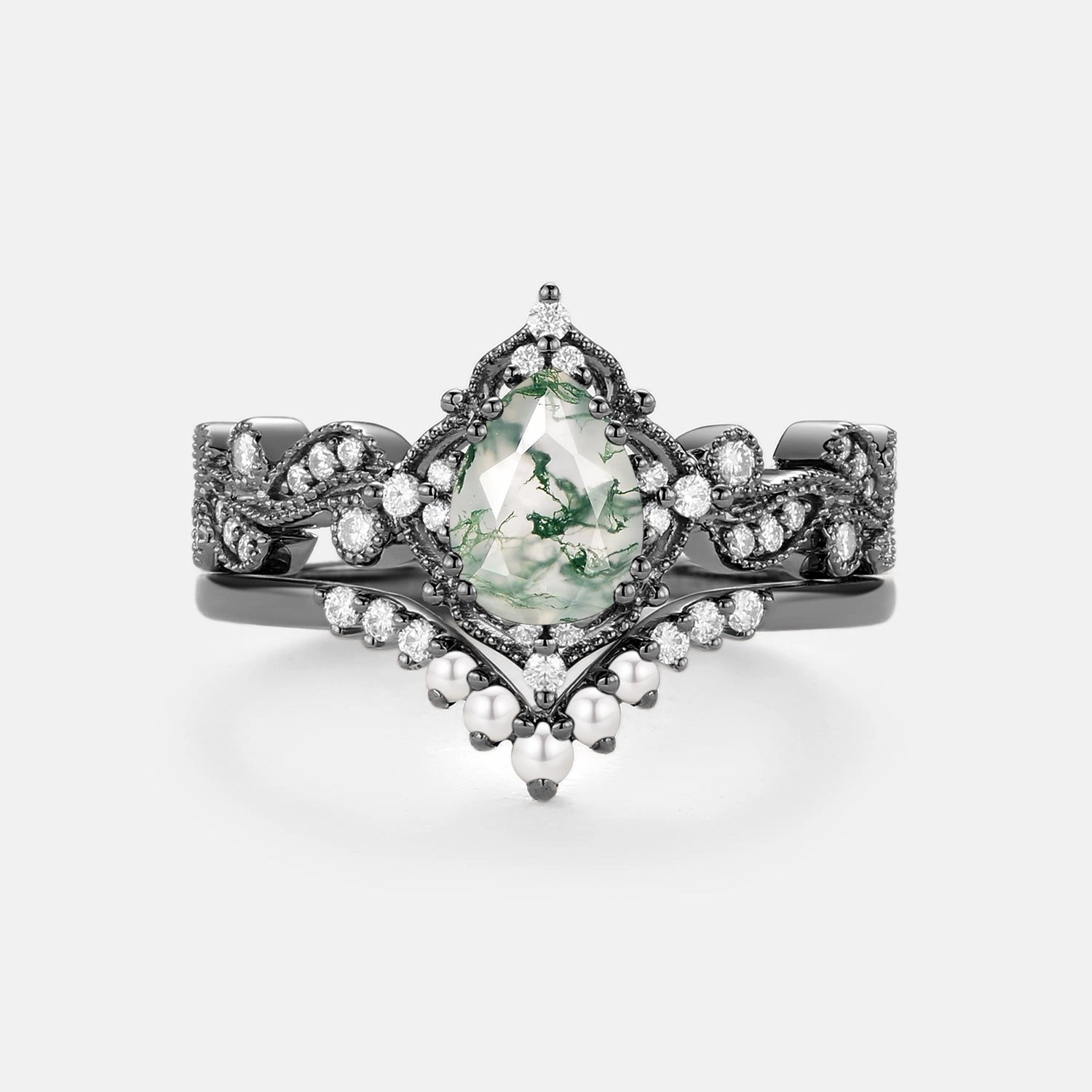 Black Gold Pear Shaped Moss Agate & Pearl Engagement Ring Set 2pcs - Harper Daughter Present Monogram Initial