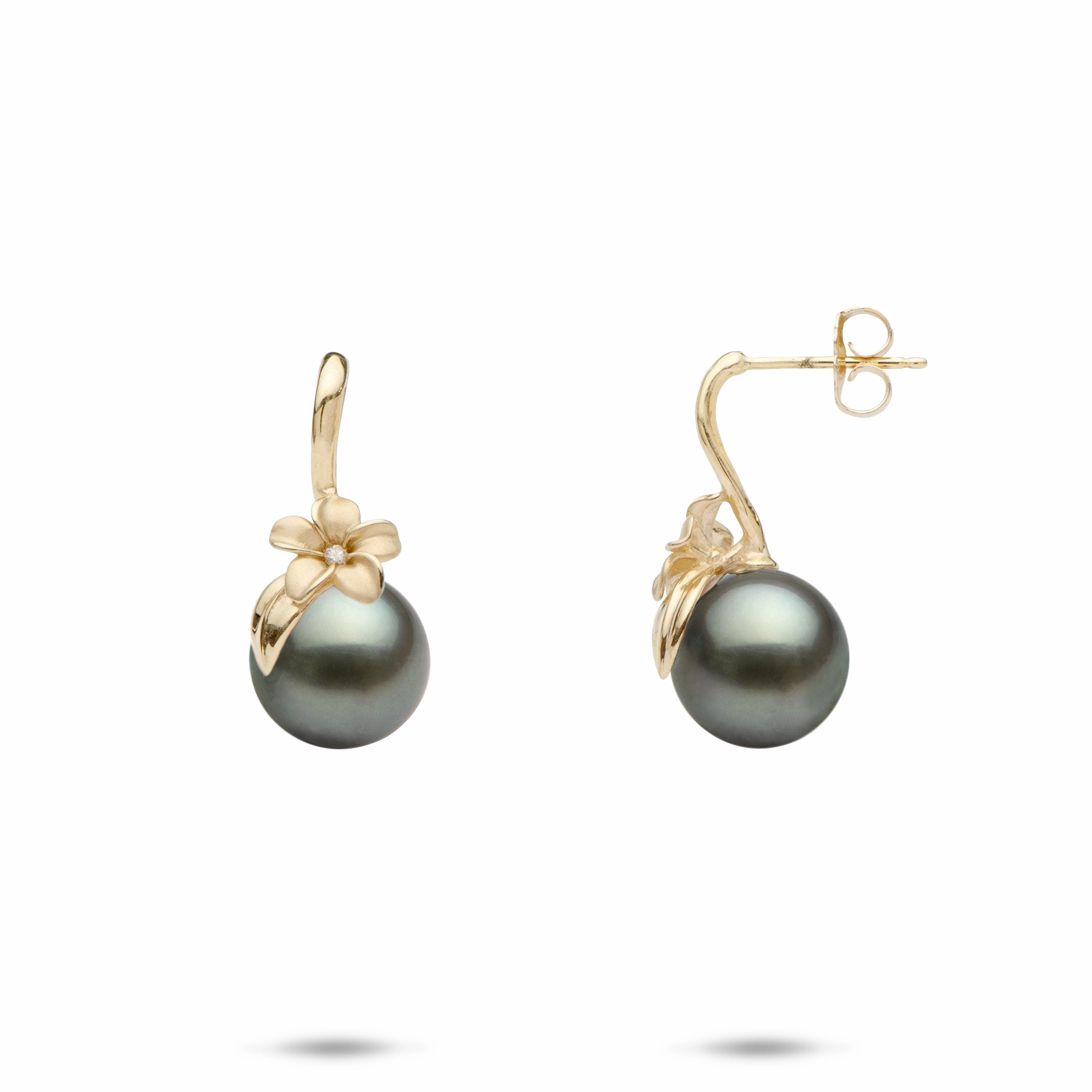 Office Ready Plumeria Tahitian Black Pearl Earrings in Gold with Diamonds - 8-9mm