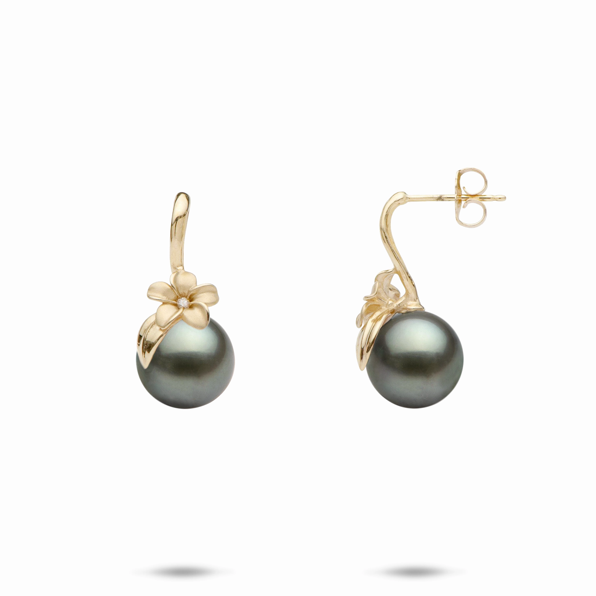 Plumeria Tahitian Black Pearl Earrings in Gold with Diamonds - 8-9mm Everyday Match Sophisticated Glam