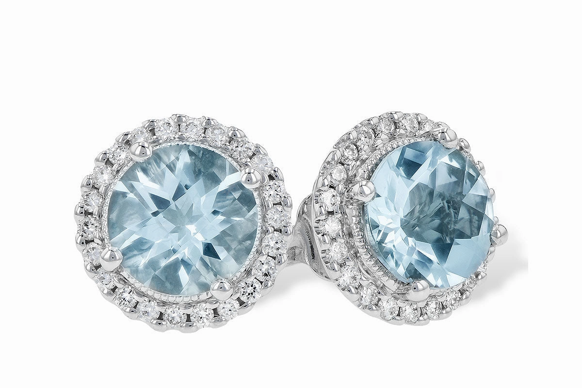 14K White Gold Aquamarine and Diamond Halo Stud Earrings Avant-Garde Accent