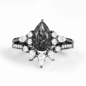Shiny Creations Black Gold 1.5ct Pear Shaped Black Rutilated Quartz Gold Ring Set 2pcs - Sage