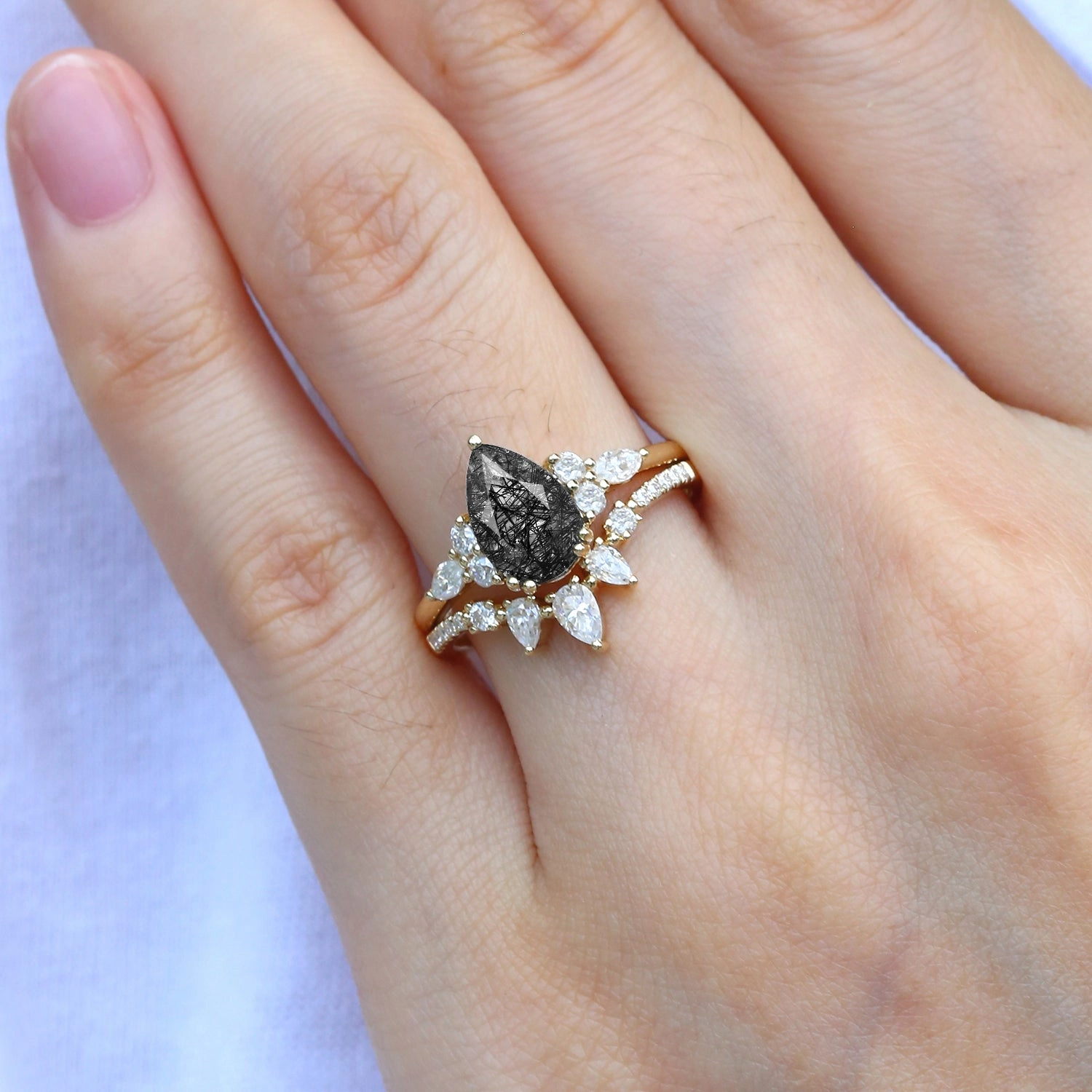 Clean Style Boho Accent Black Gold 1.5ct Pear Shaped Black Rutilated Quartz Gold Ring Set 2pcs - Sage
