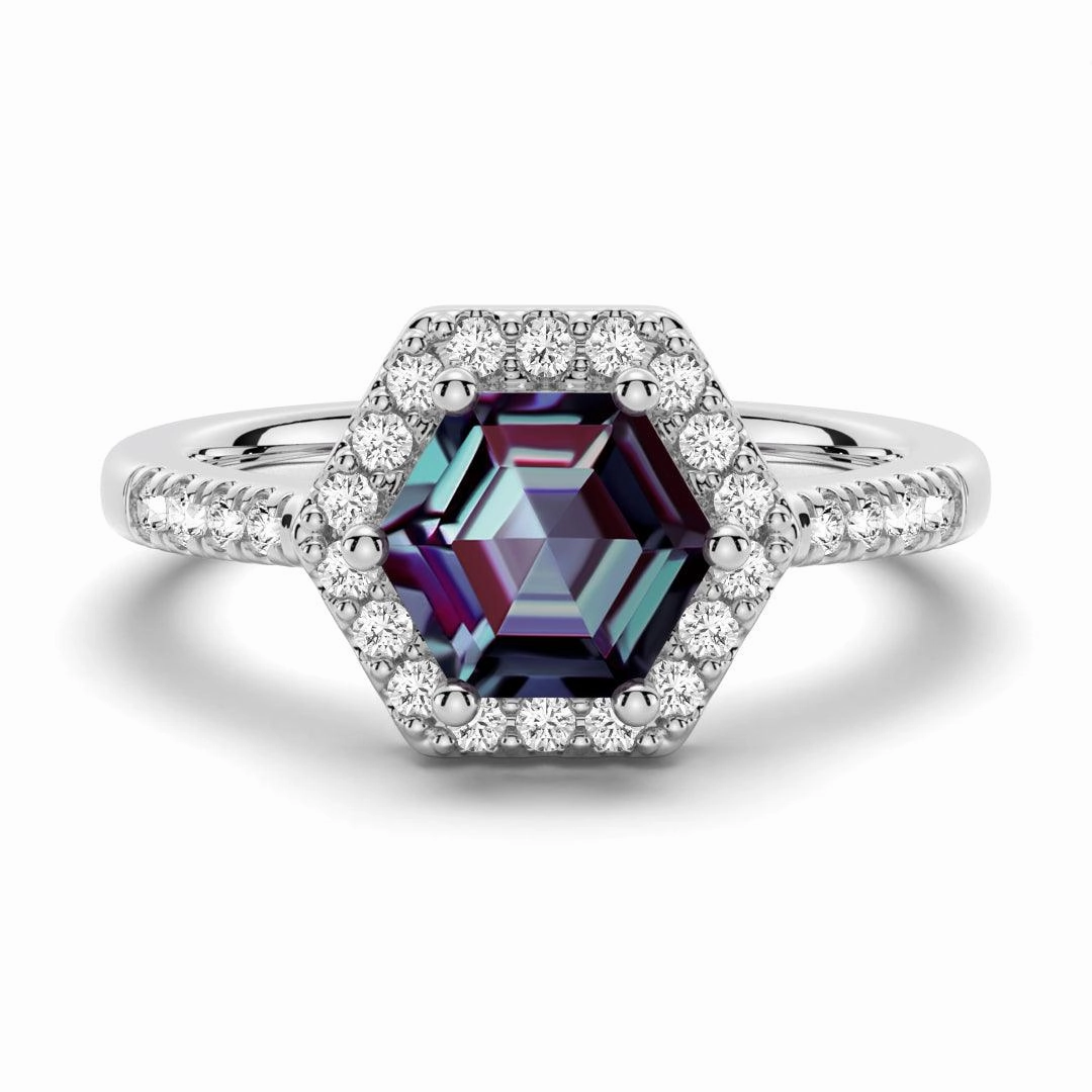 Glow Vibe 1.5 CT. Hexagon Cut Alexandrite Engagement Ring With Moissanite Halo Pav??
