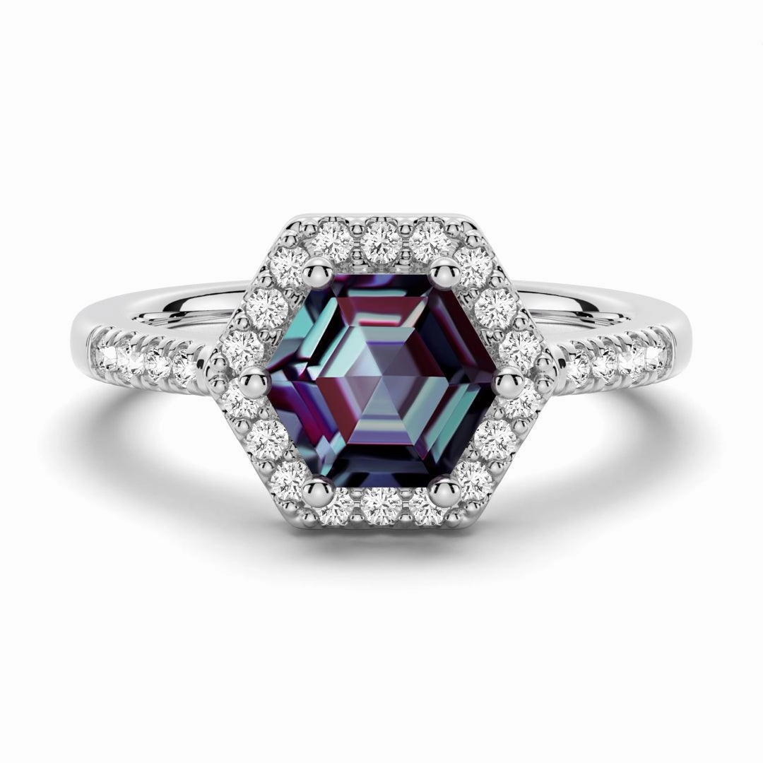 Romantic Set 1.5 CT. Hexagon Cut Alexandrite Engagement Ring With Moissanite Halo Pav??