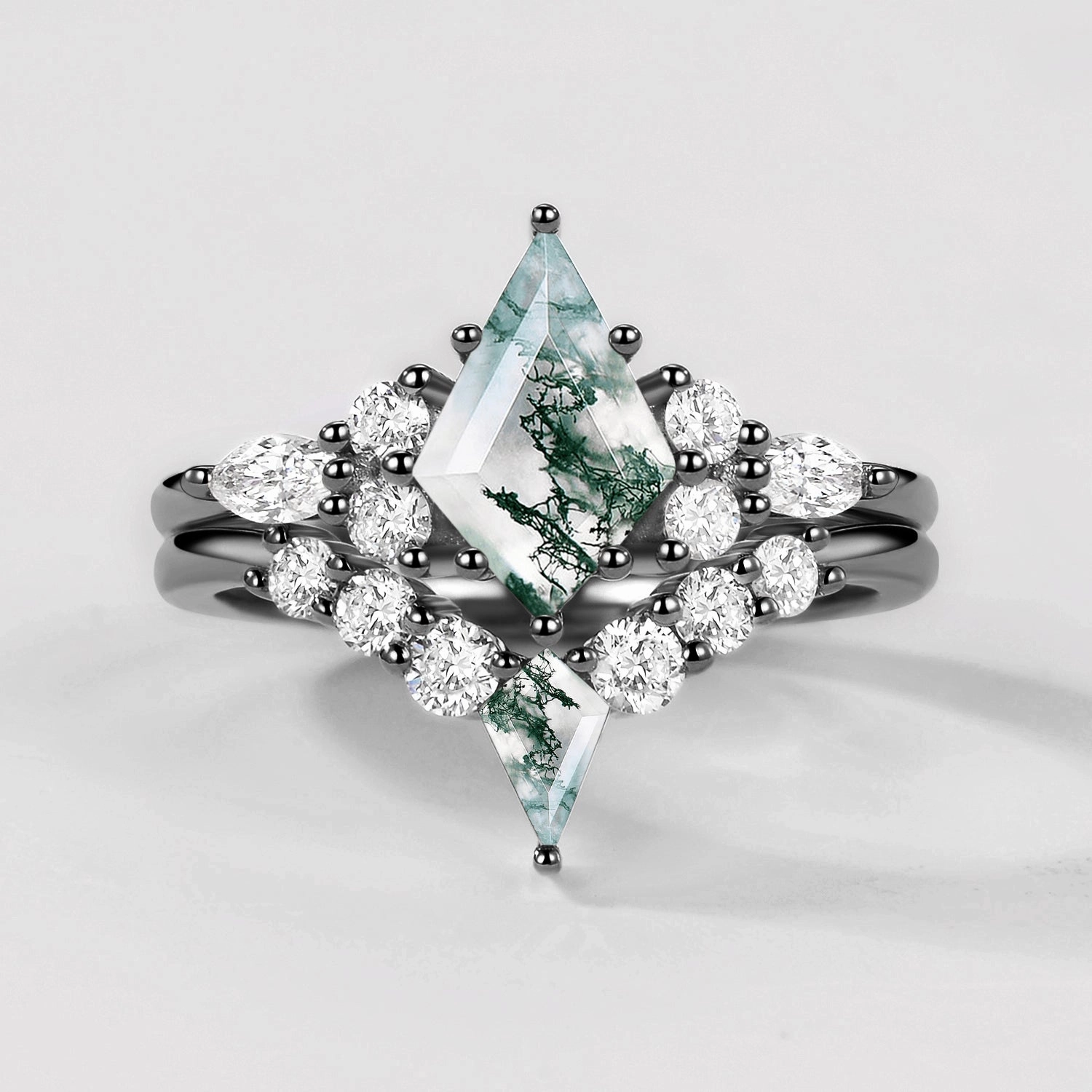 Luxury Spark Twin Flames - Black Gold Kite Cut Unique Moss Agate Ring Sets 2pcs