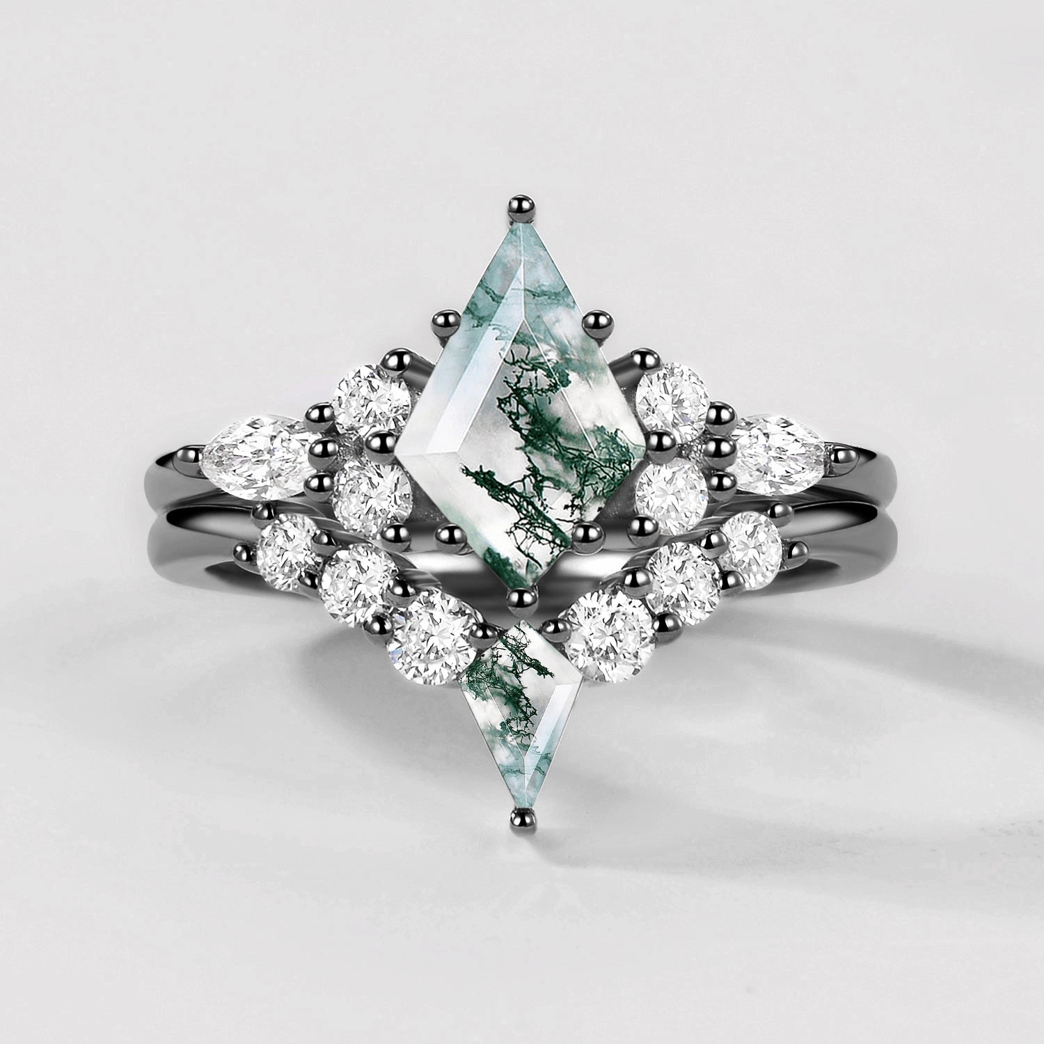 Meaningful Embellishment Twin Flames - Black Gold Kite Cut Unique Moss Agate Ring Sets 2pcs