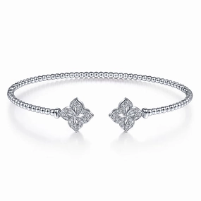 14K White Gold Bujukan Split Cuff Bracelet with Diamond Flower Caps Evening Look