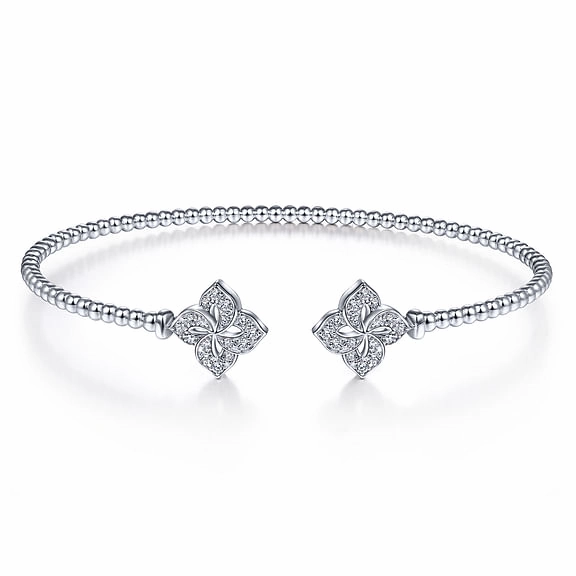 14K White Gold Bujukan Split Cuff Bracelet with Diamond Flower Caps Evening Look