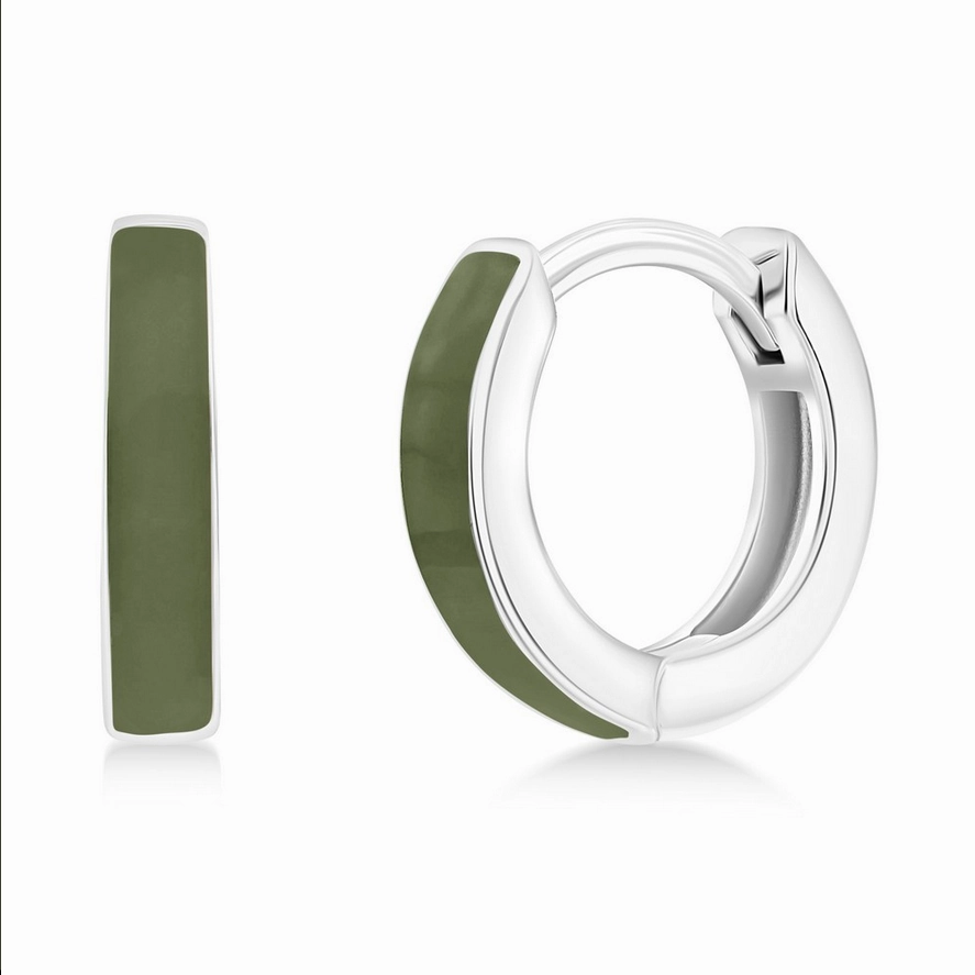 Sterling Silver 11mm Enamel Huggies - Sage Green Smooth Fit