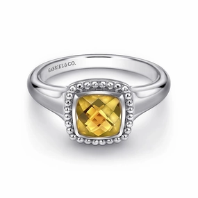 Sterling Silver Beaded Cushion Cut Citrine Ring Shiny Jewels