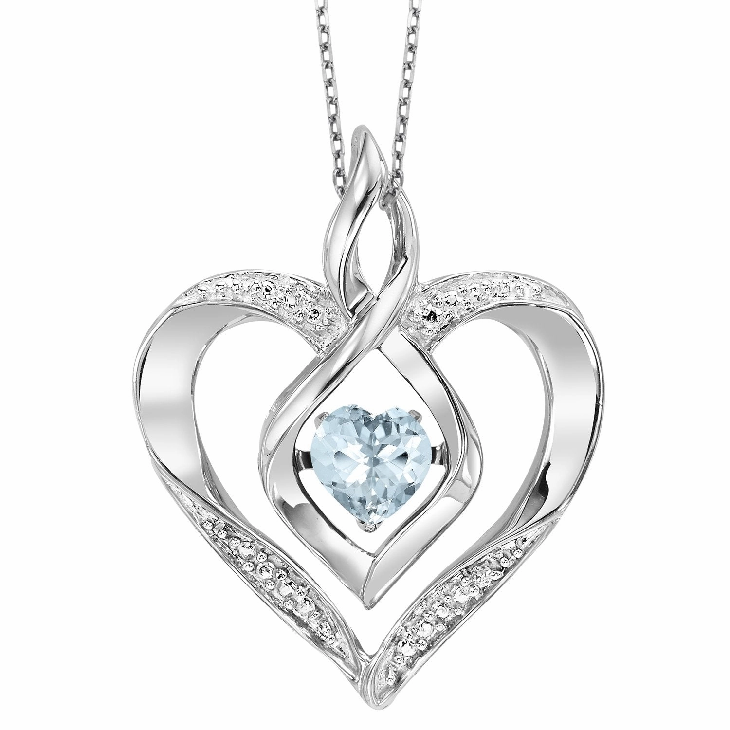 Modern Detail Glamorous Gifts Sterling Silver Created Aquamarine and Diamond Heart Shaped Necklace