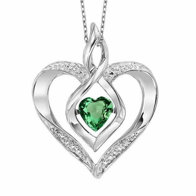 Sterling Silver Created Emerald and Diamond Heart Shaped Necklace Understated Finish