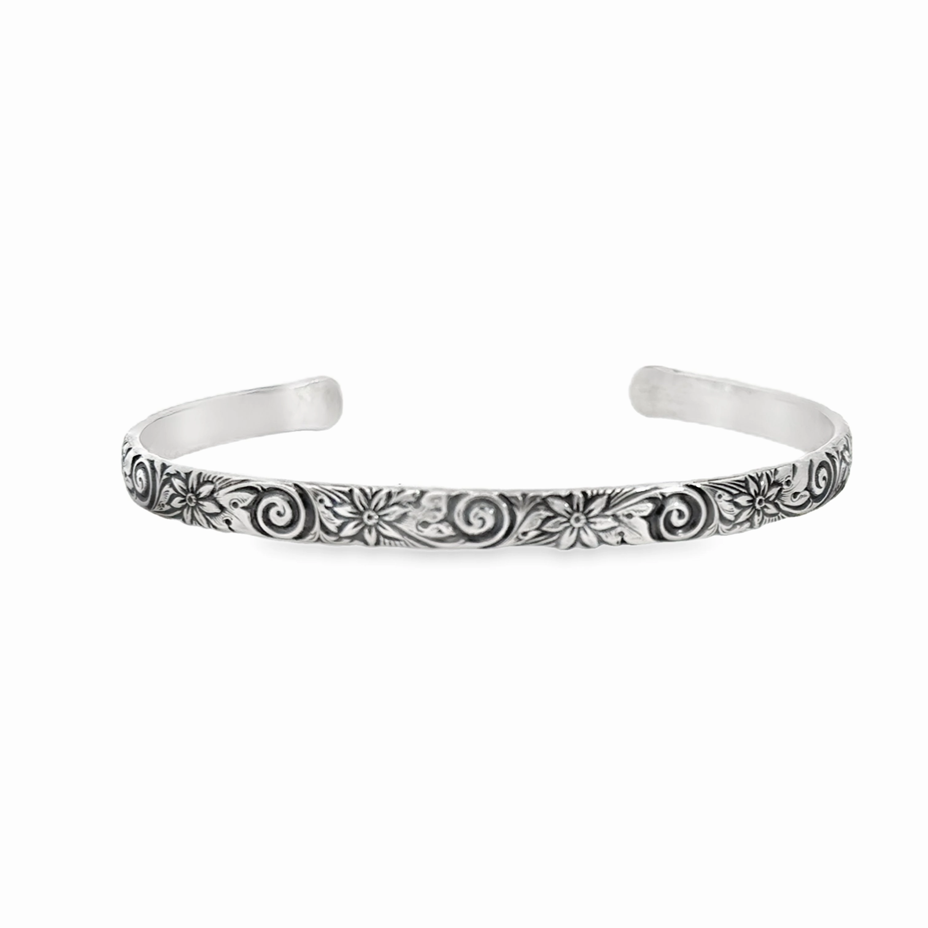 Versatile Design Formal Set Sterling Silver Hand Stamped Floral Cuff Bracelet