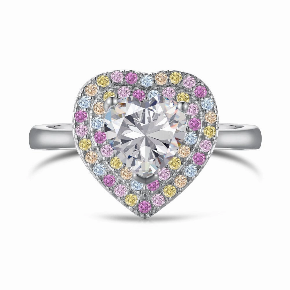 Graceful Appeal Sterling Silver Heart-Shaped Pastel Rainbow Halo Engagement Ring