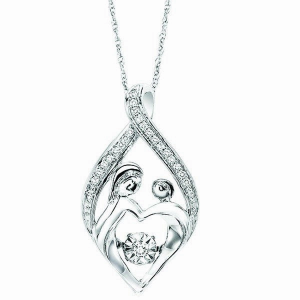 Sterling Silver Mother and Child Diamond Halo Rhythm of Love Necklace Statement Fit Flawless Glam