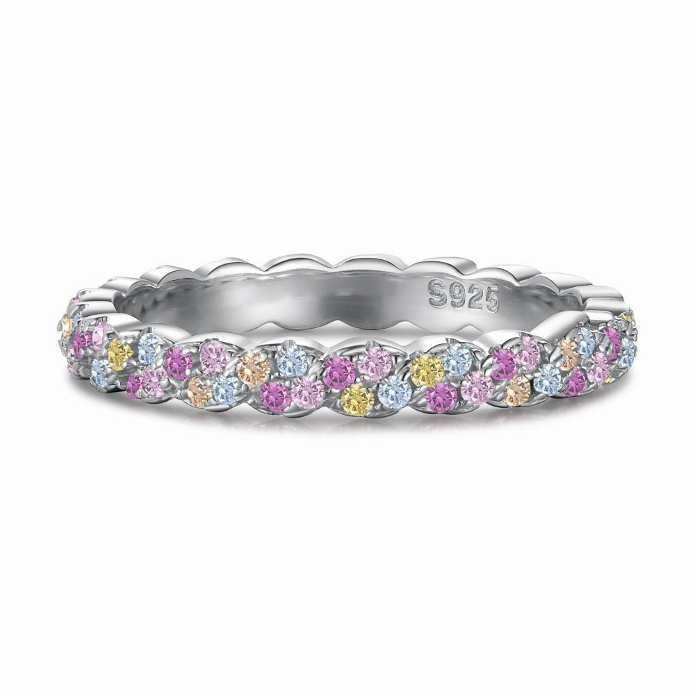 Sterling Silver Multicolor CZ Eternity Ring - Rainbow Round Cut Gemstones Premium Shine Casual Outfit
