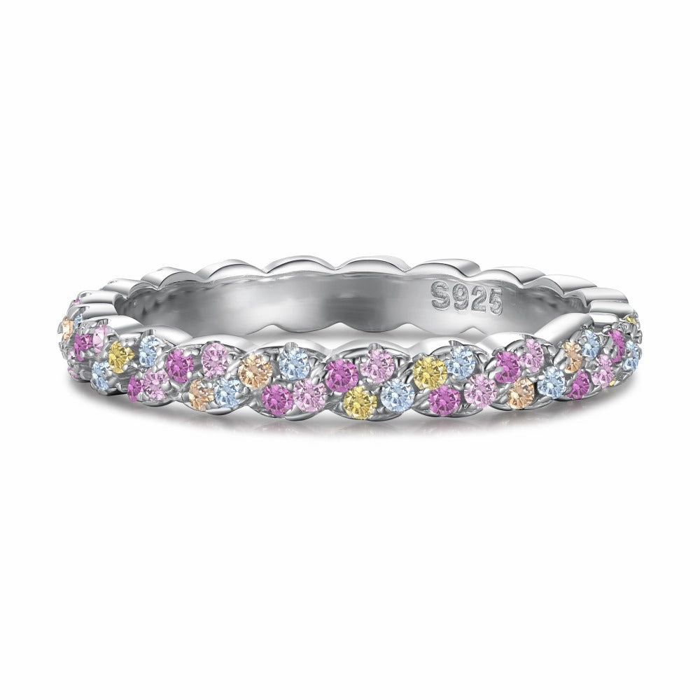 Sterling Silver Multicolor CZ Eternity Ring - Rainbow Round Cut Gemstones Radiant Jewelry Look Sophisticated Look