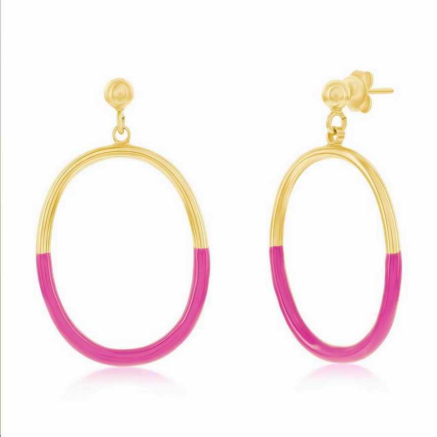 Graceful Elegance Evening Ready Sterling Silver, Rose Violet Enamel Oval Earrings - Gold Plated