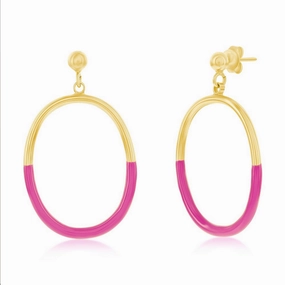 Graceful Elegance Evening Ready Sterling Silver, Rose Violet Enamel Oval Earrings - Gold Plated