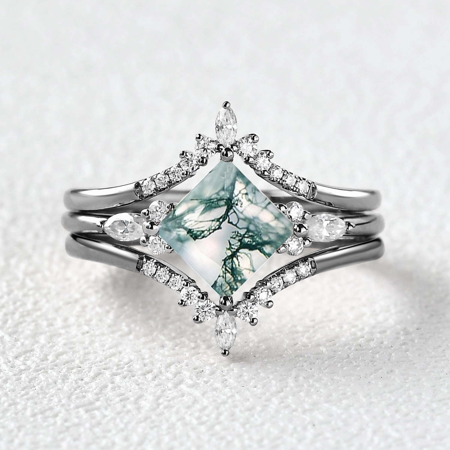 Black Gold Moss Agate Princess Cut Engagement Ring Set 3pcs Artisan Ornament Clean Finish