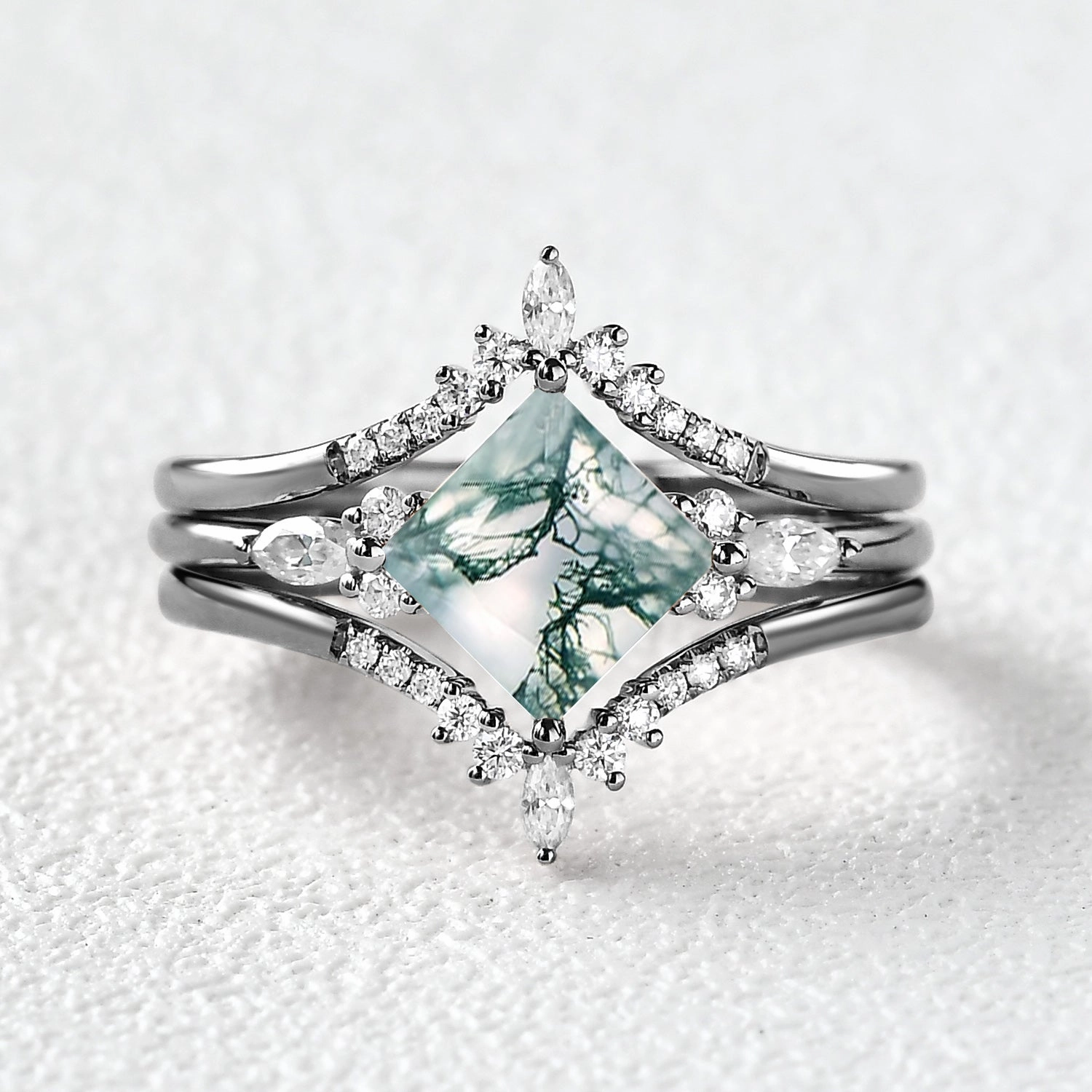 Meaningful Symbol Black Gold Moss Agate Princess Cut Engagement Ring Set 3pcs