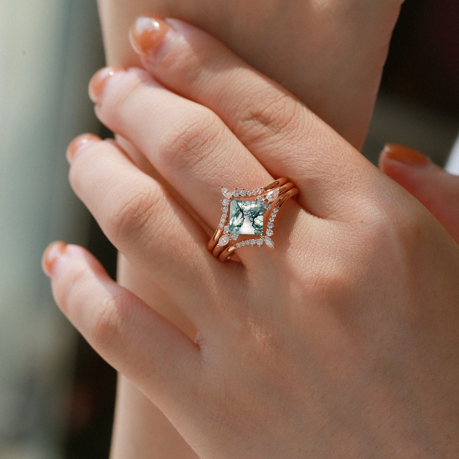 Elegant adornment Black Gold Moss Agate Princess Cut Engagement Ring Set 3pcs