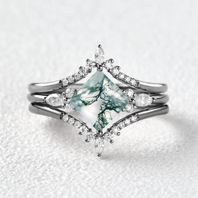 Meaningful Symbol Black Gold Moss Agate Princess Cut Engagement Ring Set 3pcs