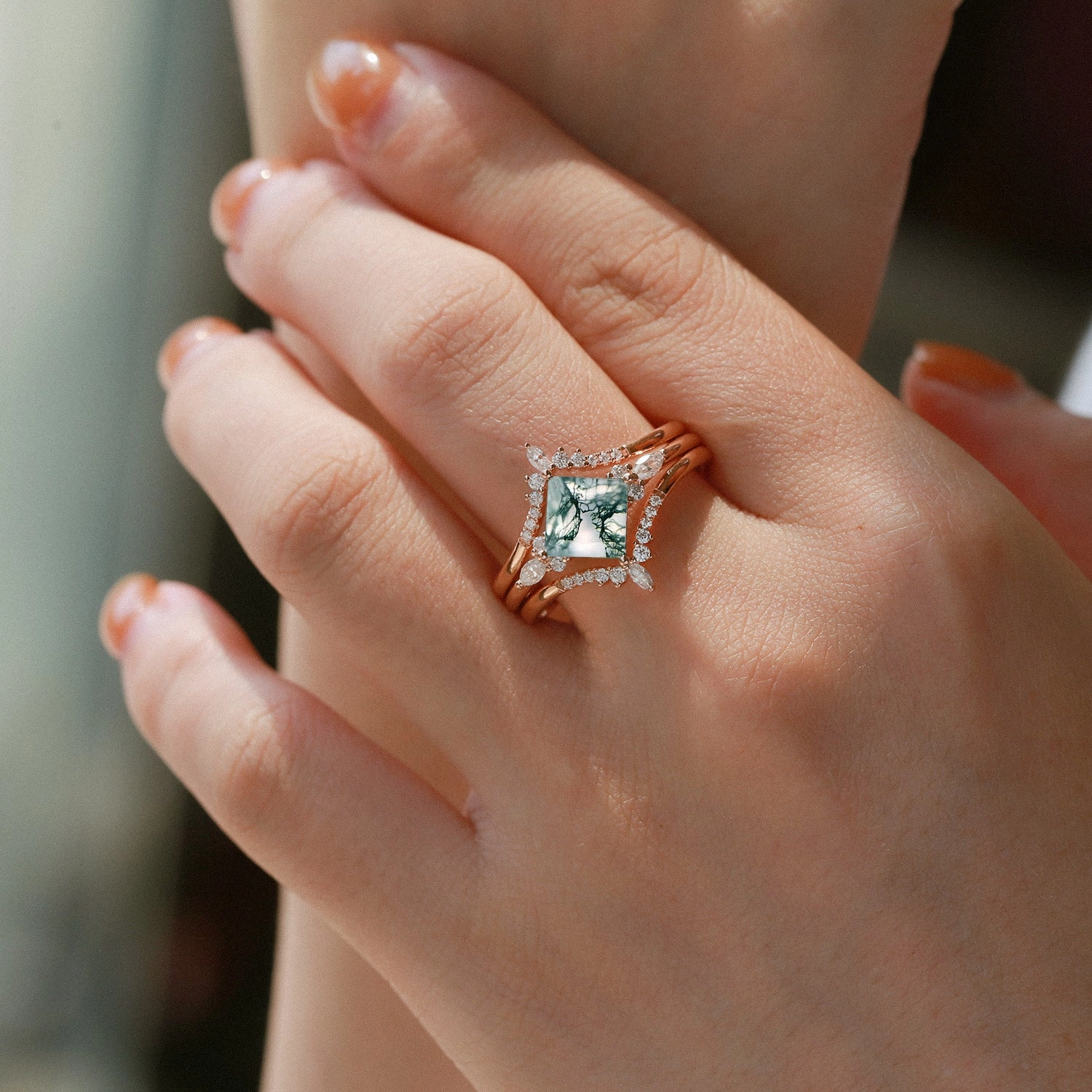 Black Gold Moss Agate Princess Cut Engagement Ring Set 3pcs Trendy Edge daily accessory