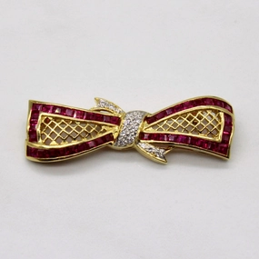 Smooth Surface Ruby & Diamond Bow Brooch | 1.70ctw, 0.08ctw |