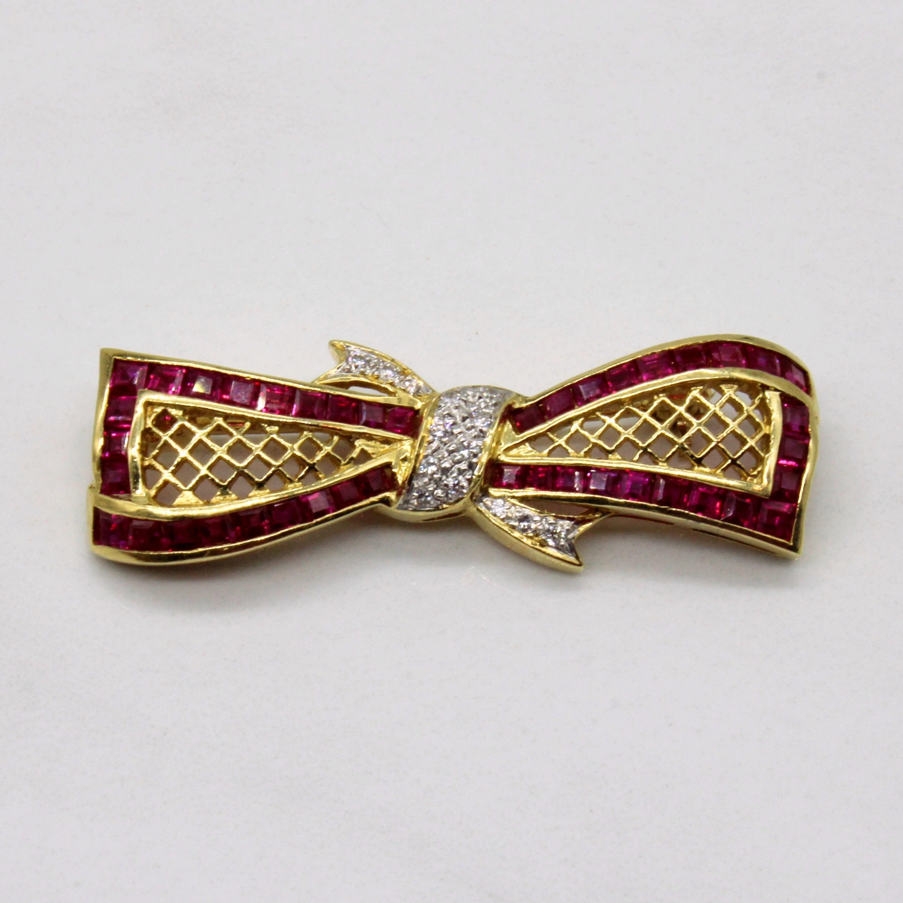 Smooth Surface Ruby & Diamond Bow Brooch | 1.70ctw, 0.08ctw |