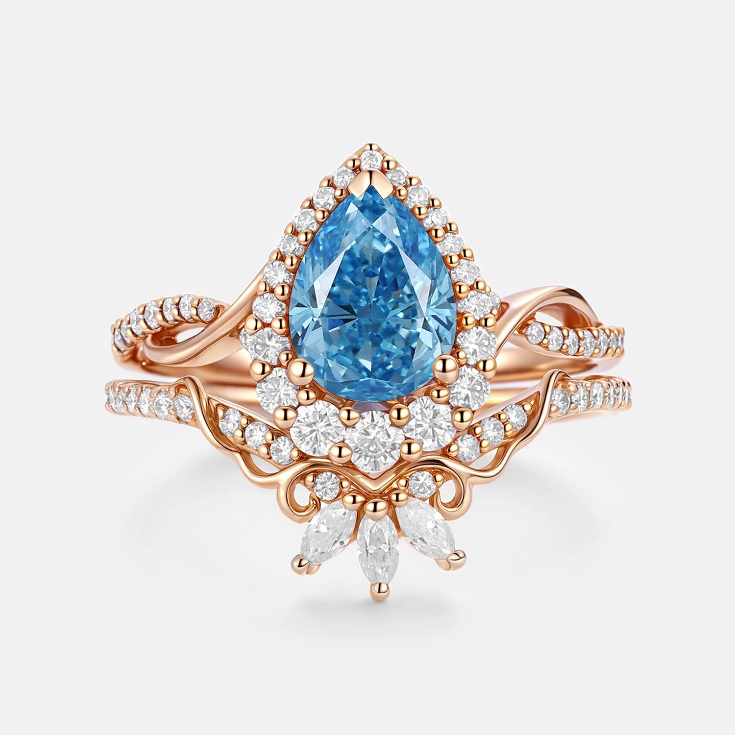 Light Radiance Romantic Glow Pear Shaped Blue Lab Grown Diamond Engagement Ring Set 2pcs - Vynne