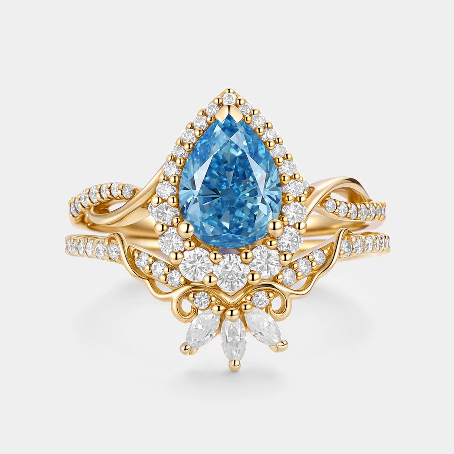 Chic Line Perfect Finish Pear Shaped Blue Lab Grown Diamond Engagement Ring Set 2pcs - Vynne