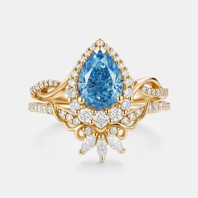 Pear Shaped Blue Lab Grown Diamond Engagement Ring Set 2pcs - Vynne Elegant Feel