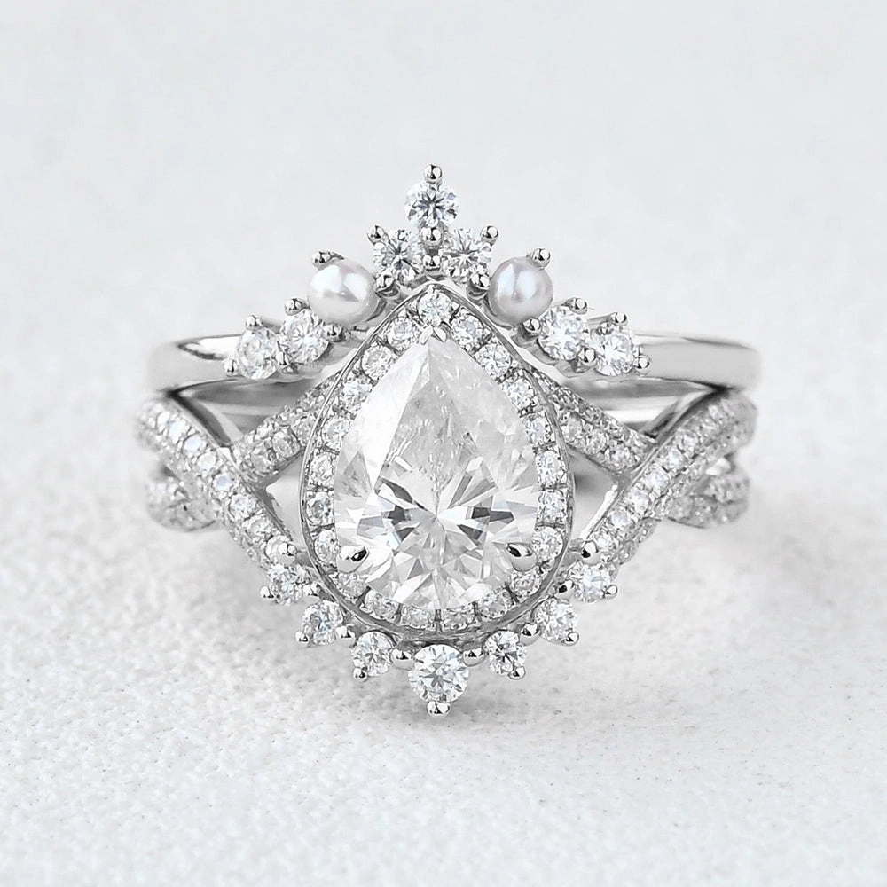 Stylish Gift 1.5ct Pear Moissanite Vintage Halo Infinity Ring Set 2pcs - Katherine