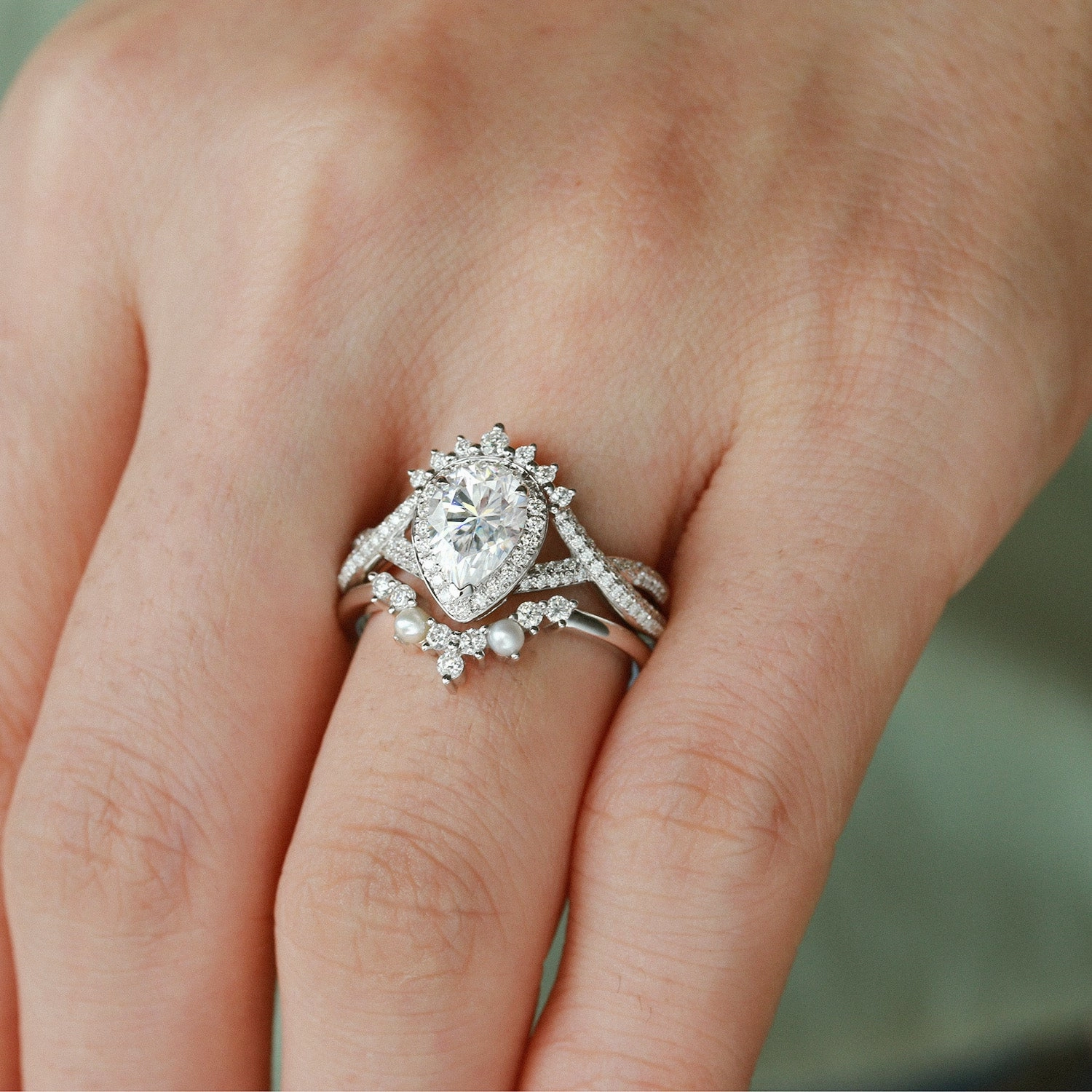 Bold Shine Pieces 1.5ct Pear Moissanite Vintage Halo Infinity Ring Set 2pcs - Katherine