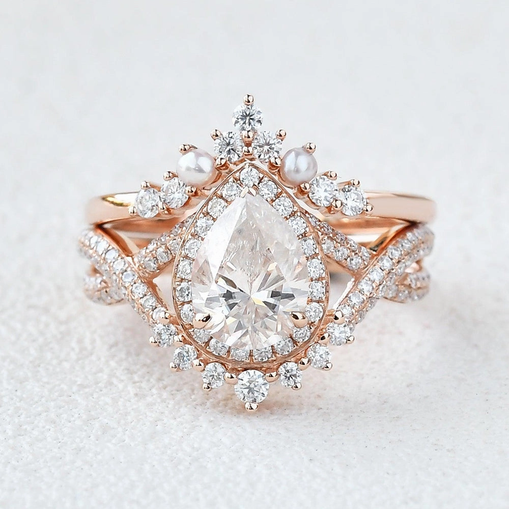 Artisan Detail 1.5ct Pear Moissanite Vintage Halo Infinity Ring Set 2pcs - Katherine
