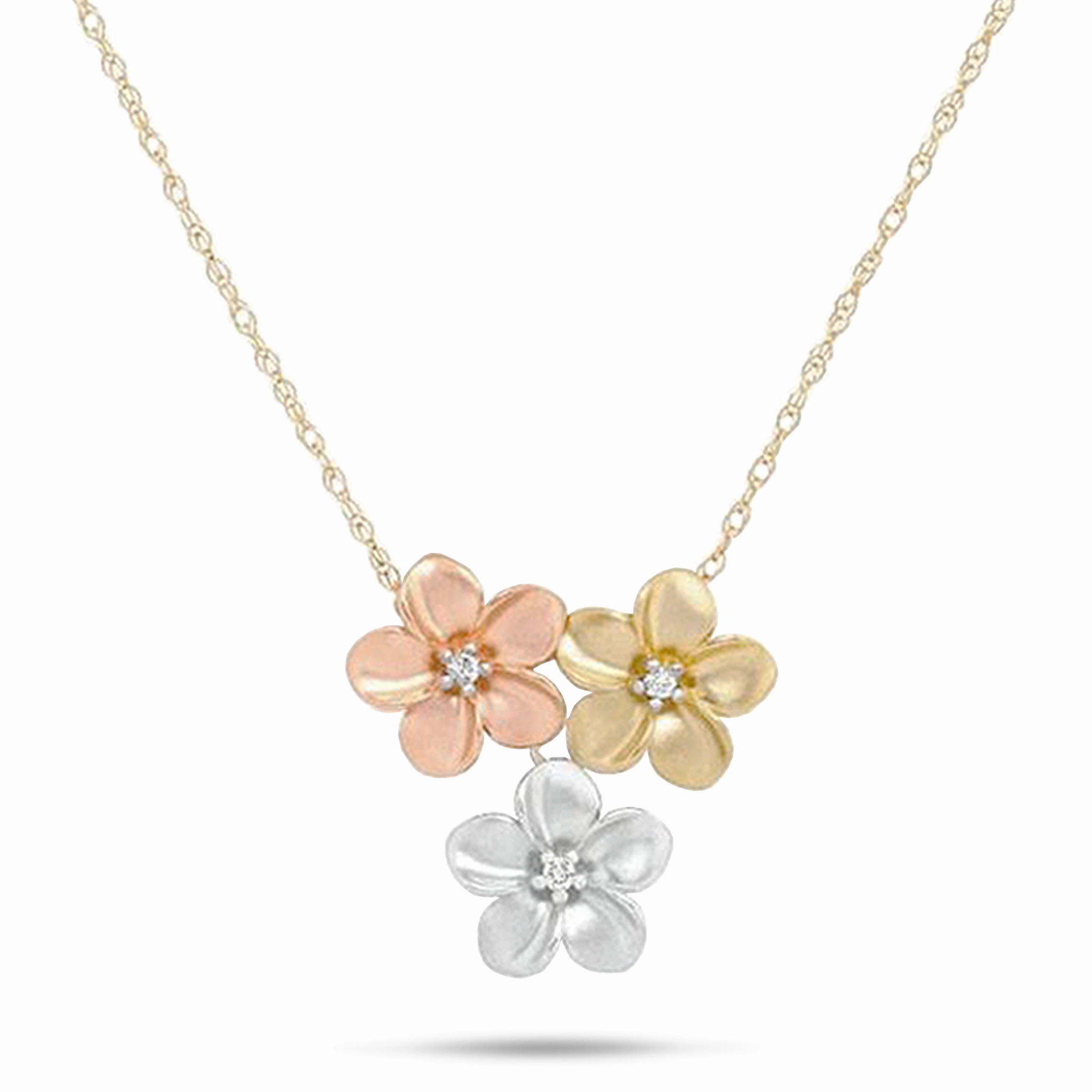 Bold Accent Lively Spark 16" Plumeria Necklace in Tri Color Gold with Diamonds - 11mm