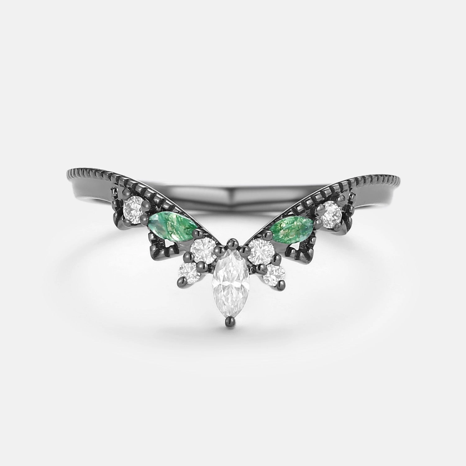 Rounded Corner Art-deco Moissanite & Moss Agate Curved Stacking Band
