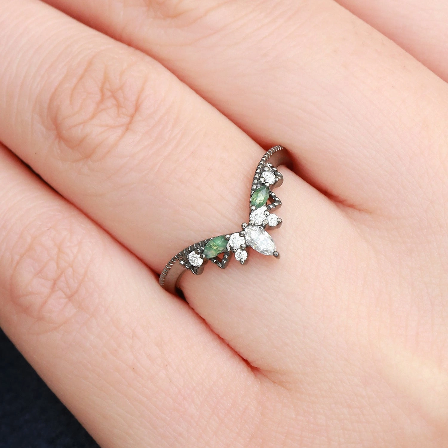 Art-deco Moissanite & Moss Agate Curved Stacking Band Luxury Touch