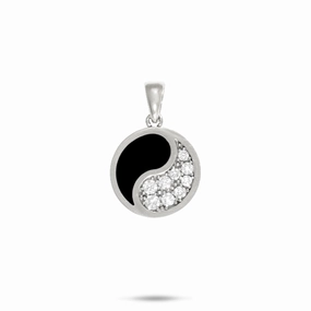 Timeless Craft Shine Yin Yang Black Coral Pendant in White Gold with Diamonds- 15mm