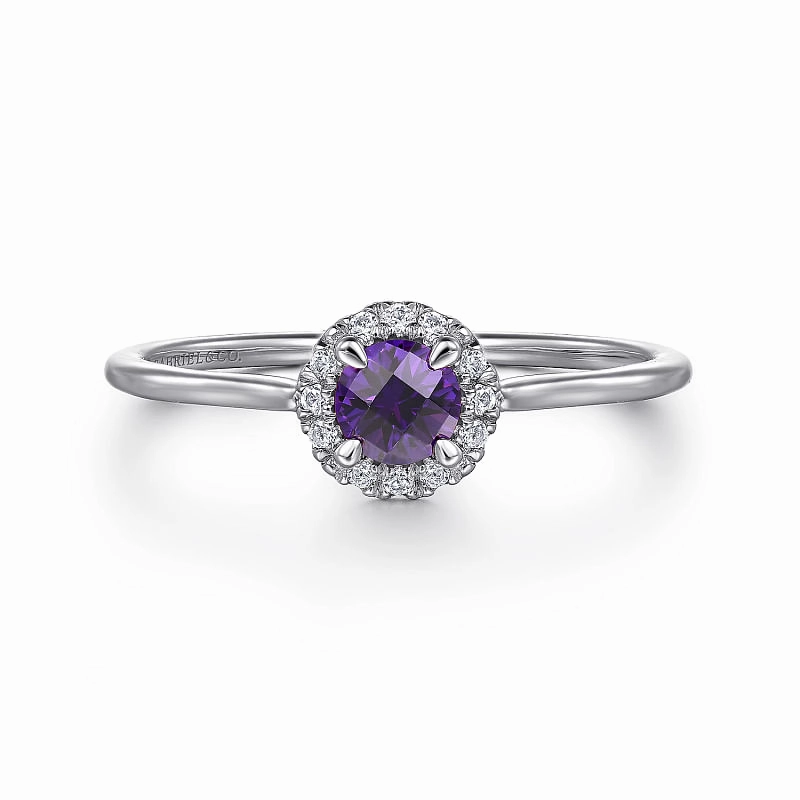 Flirty Look 14K White Gold Amethyst and Diamond Halo Promise Ring