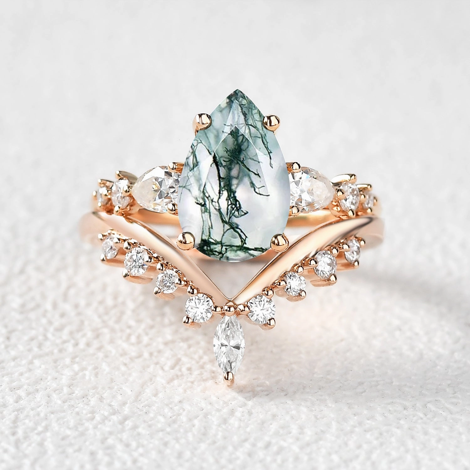 Pear Shaped Moss Agate & Pearl Chevron Bridal Ring Set 2pcs Polished Mood Timeless Glam