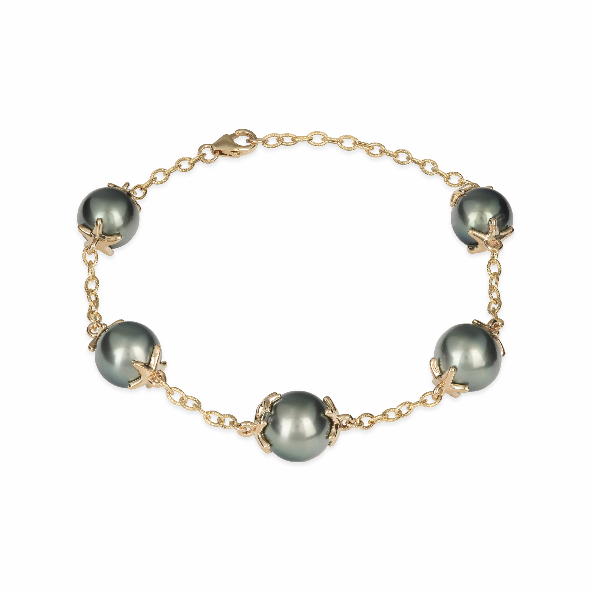 Everyday Style 7-8.25" Adjustable Reefs Starfish Tahitian Black Pearl Bracelet in Gold - 10-11mm