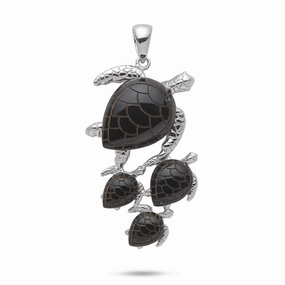 Distinct Edge Precious Glow Honu Black Coral Pendant in White Gold - 36mm