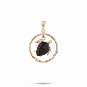Honu Black Coral Pendant in Gold with Diamonds - 18mm Smooth Lines Bright Accent